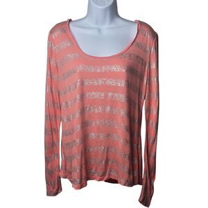 Jennifer Lopez Womens Peach Silver Striped Top MED LS‎ Shimmery Scoop Neck Party